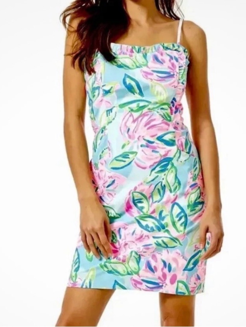 Lilly Pulitzer Brenda Stretch Dress Aqua Floral Spaghetti-Strap Mini Dress sz 6